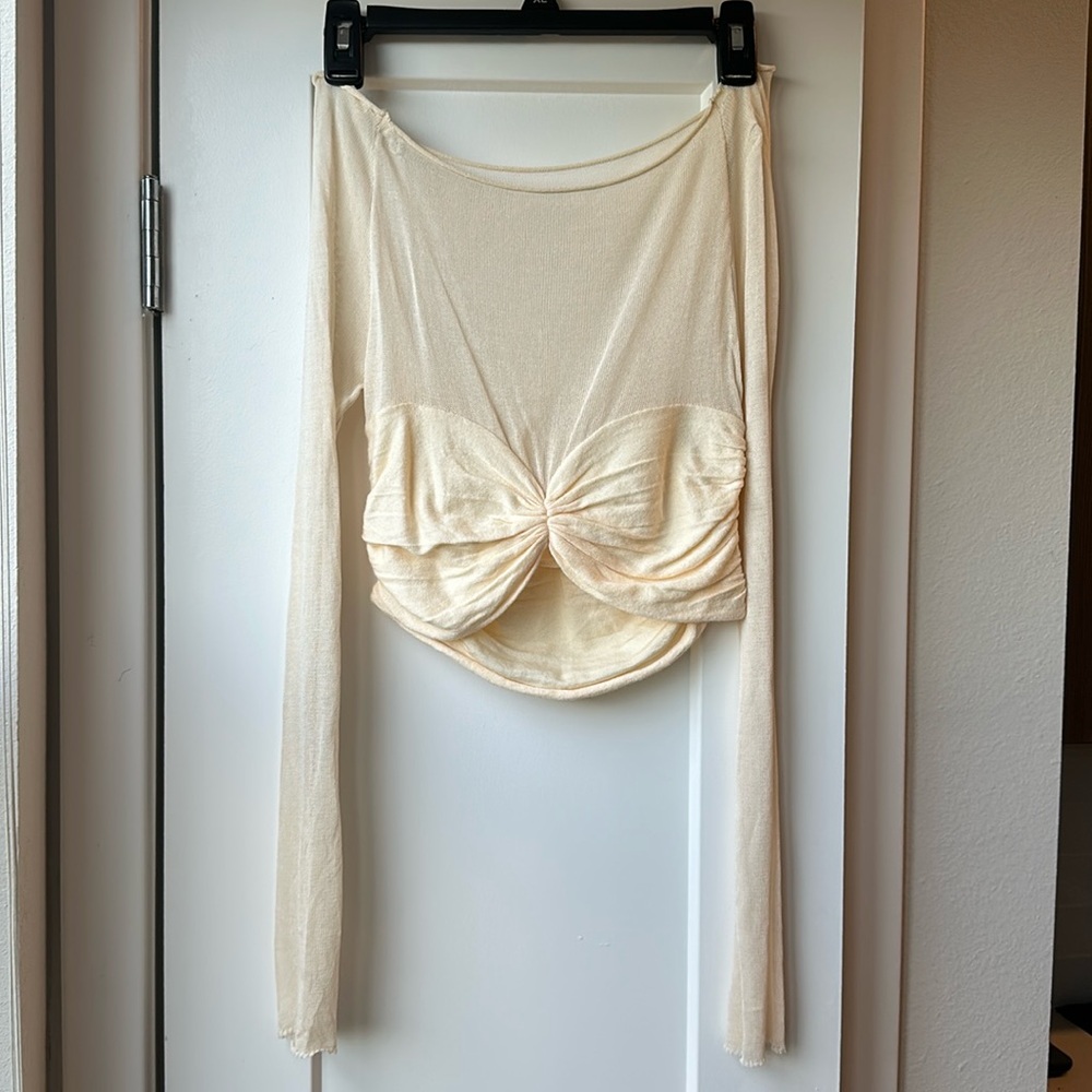 AMAZON Cream Sheer Knit Off The Shoulder Crop Top